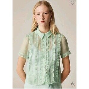 J.CREW Sheer Ruffle-Trim Button-Up Top in Green CK049 NO CAMISOLE Size 8 NWT
